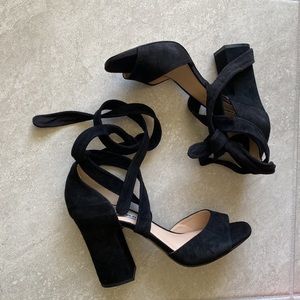 KARL LAGERFELD PARIS BLACK LEATHER SUEDE STRAPPY LACE UP SANDALS SHOES SIZE 8.5